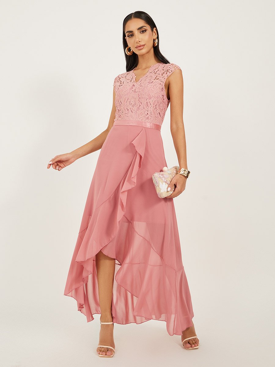 Lace Ruffled Asymmetric Hem A-Line Midi Dress