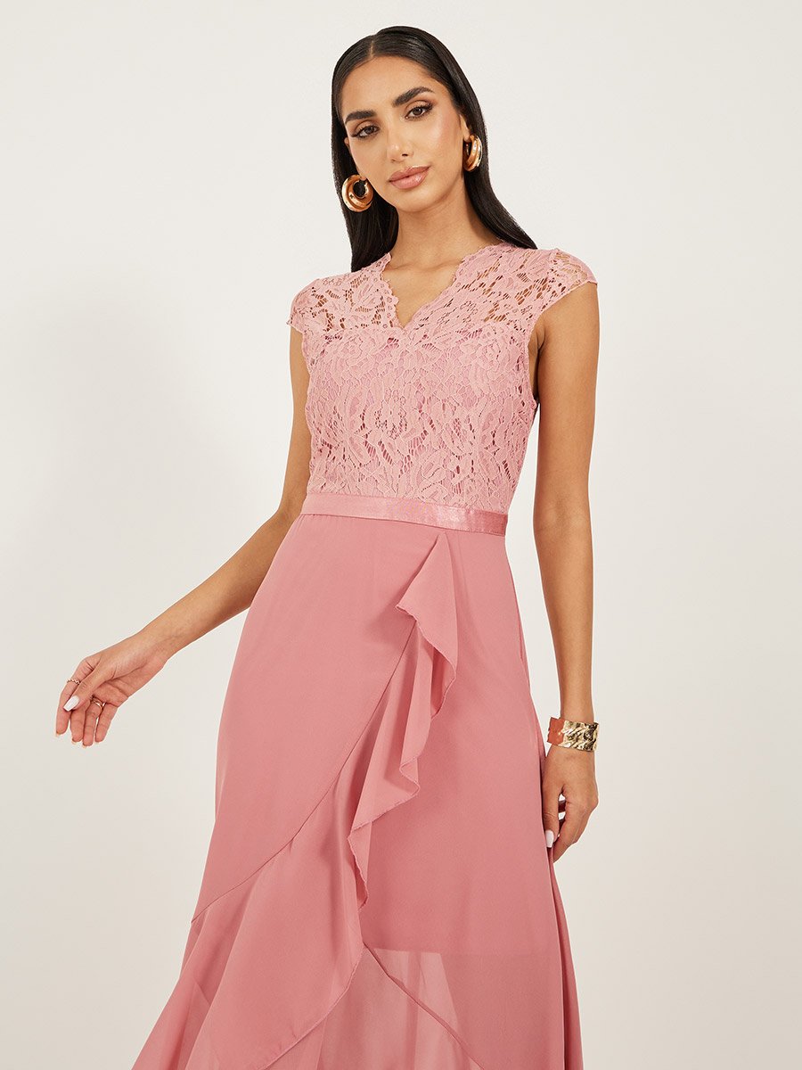 Lace Ruffled Asymmetric Hem A-Line Midi Dress
