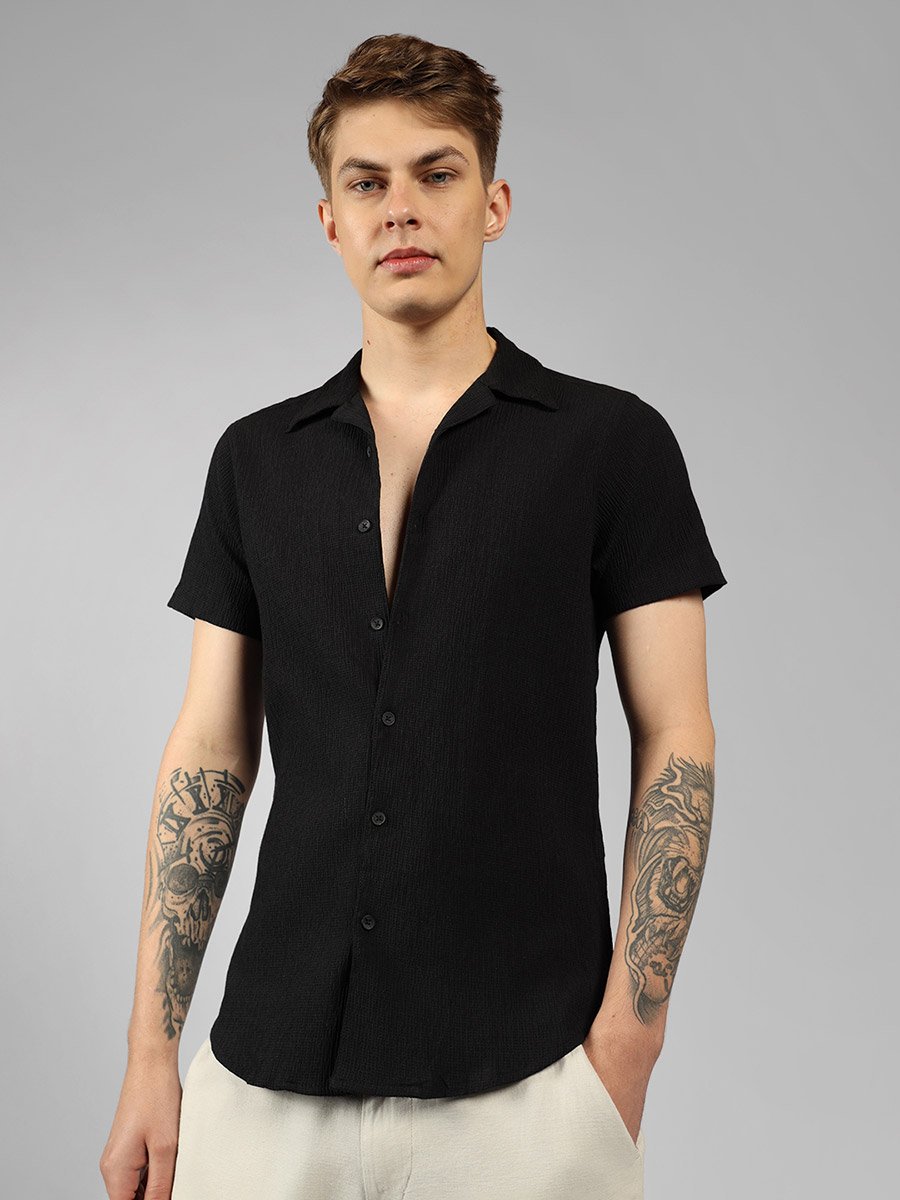 Solid Relaxed Fit Spread Collar Shirt