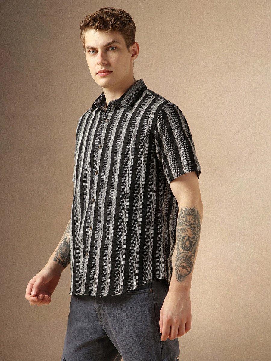 Striped Relaxed Fit Spread Collar Shirt