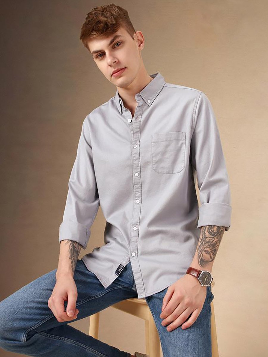 Solid Relaxed Fit Spread Collar Shirt with Pocket