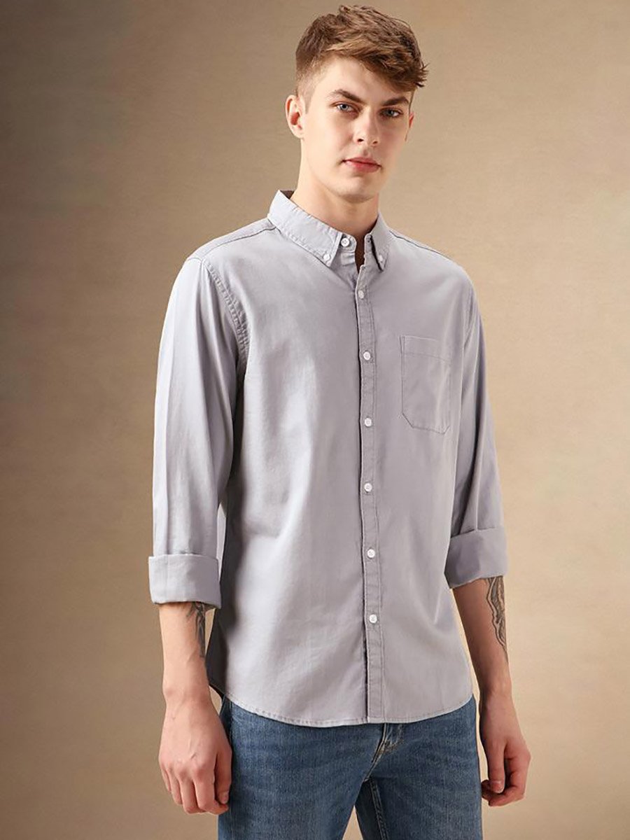 Solid Relaxed Fit Spread Collar Shirt with Pocket