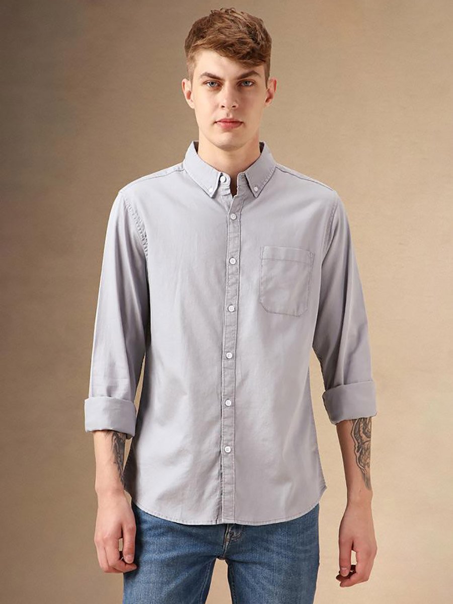 Solid Relaxed Fit Spread Collar Shirt with Pocket