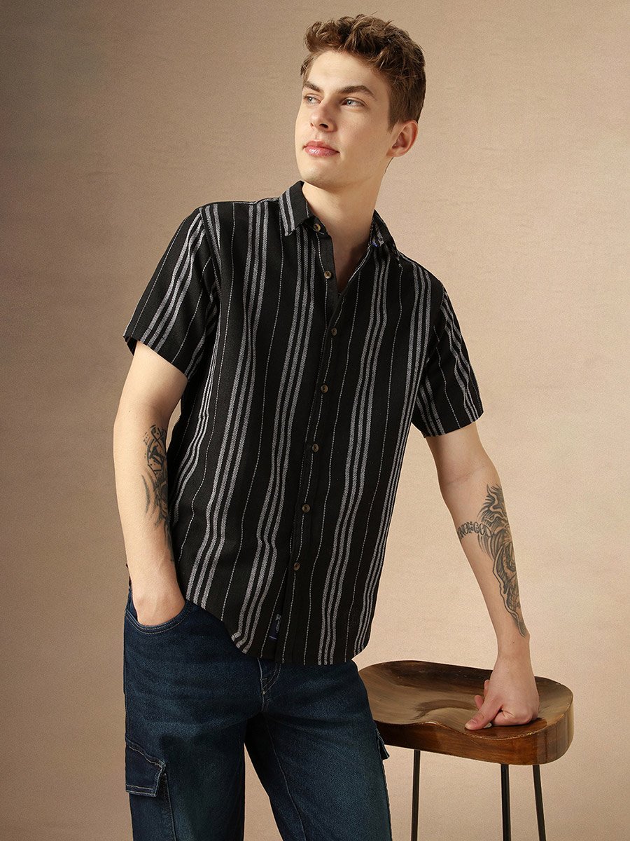 Striped Relaxed Fit Spread Collar Shirt