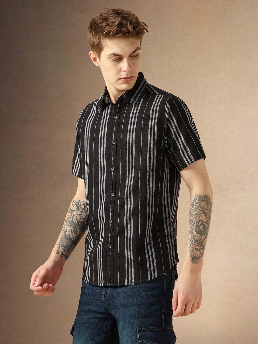 Striped Relaxed Fit Spread Collar Shirt