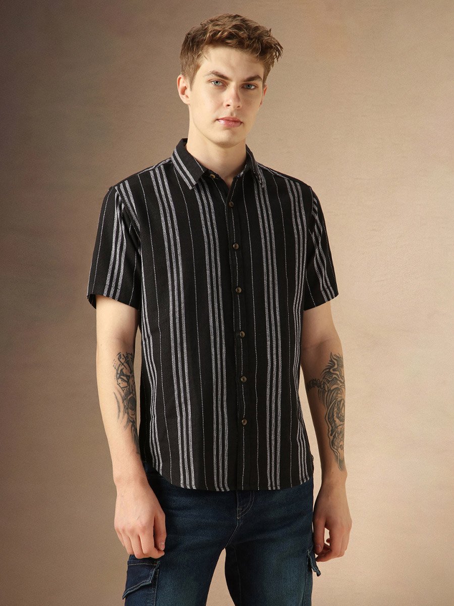 Striped Relaxed Fit Spread Collar Shirt