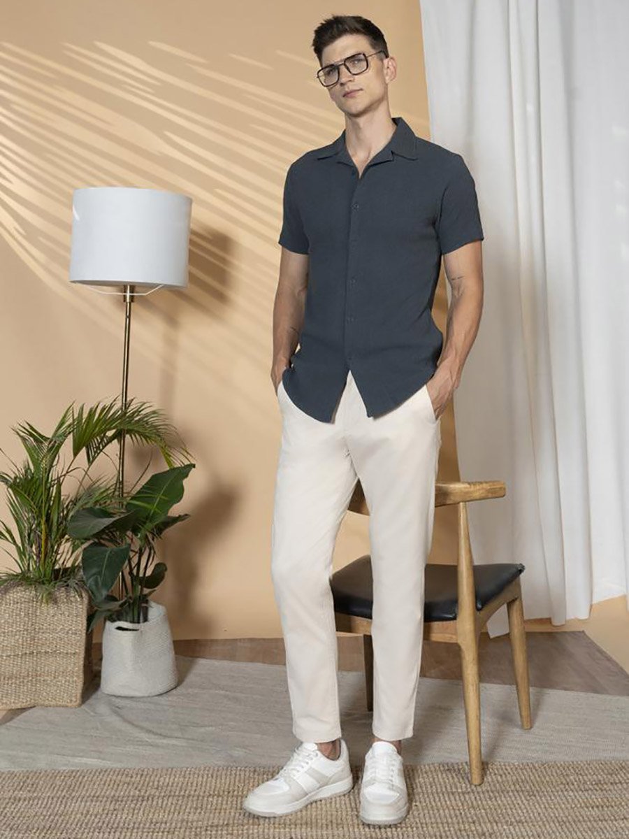 Solid Relaxed Fit Spread Collar Shirt