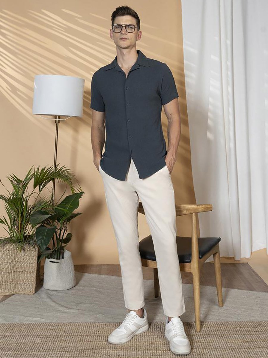 Solid Relaxed Fit Spread Collar Shirt