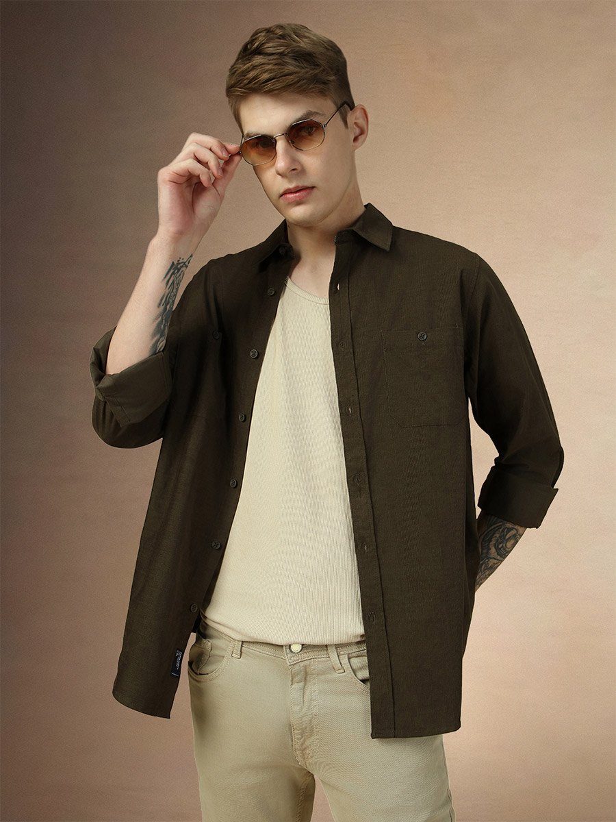 Solid Relaxed Fit Spread Collar Shirt with Pocket