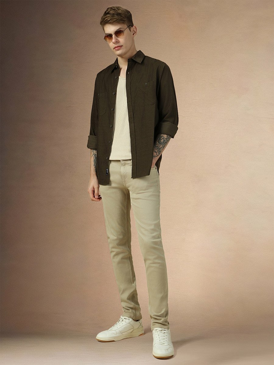 Solid Relaxed Fit Spread Collar Shirt with Pocket
