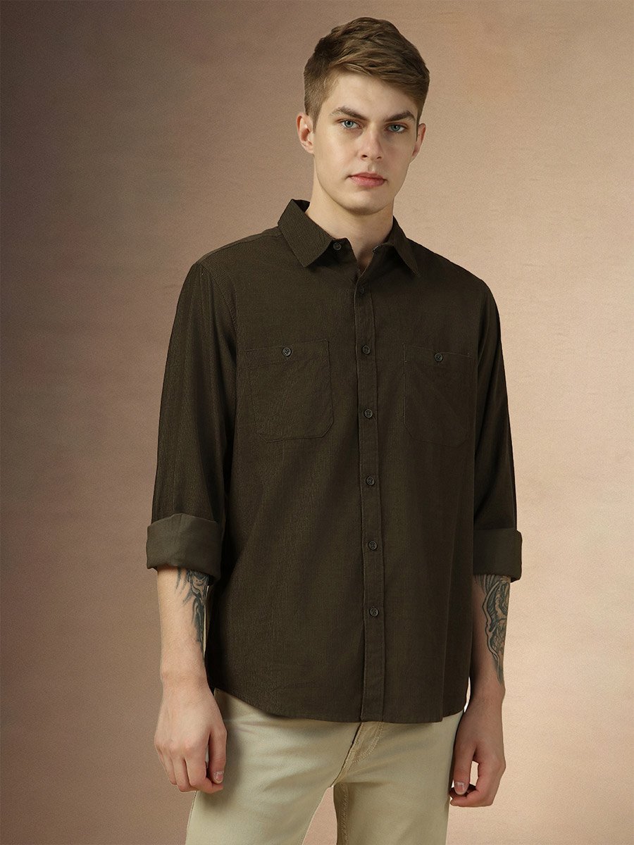 Solid Relaxed Fit Spread Collar Shirt with Pocket