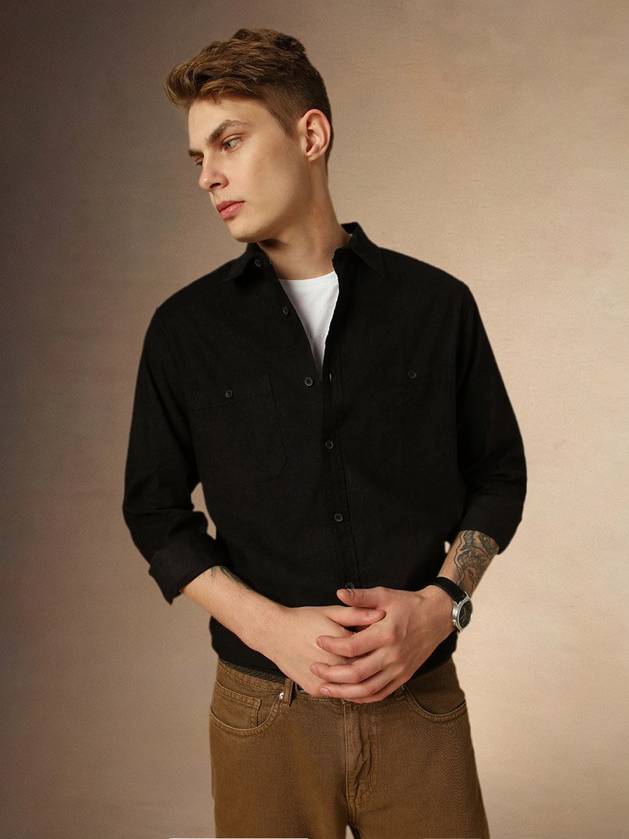 Solid Relaxed Fit Spread Collar Shirt
