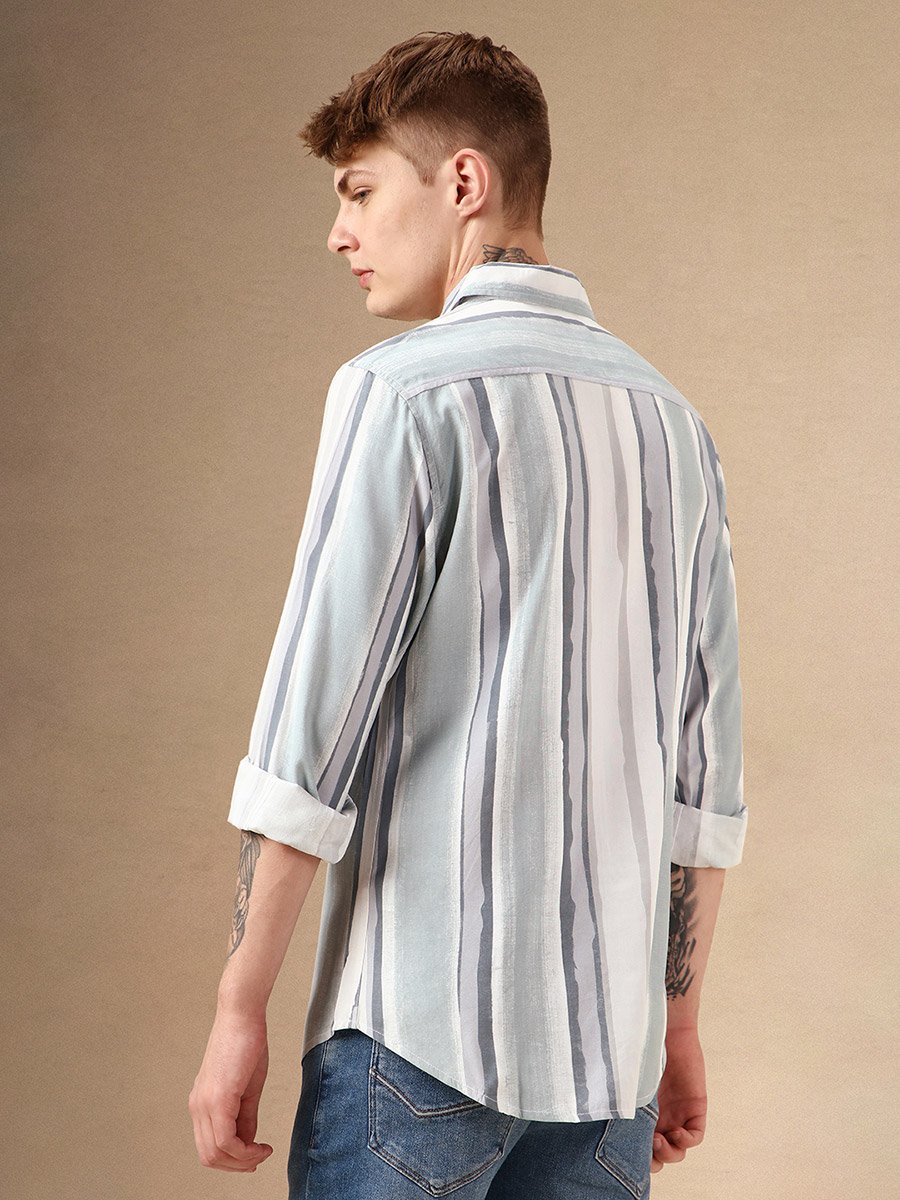 Striped Relaxed Fit Spread Collar Curved Hem Shirt