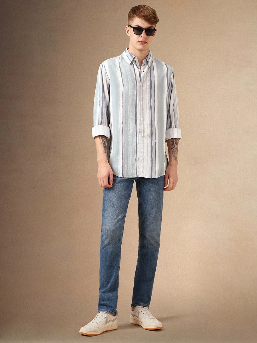 Striped Relaxed Fit Spread Collar Curved Hem Shirt