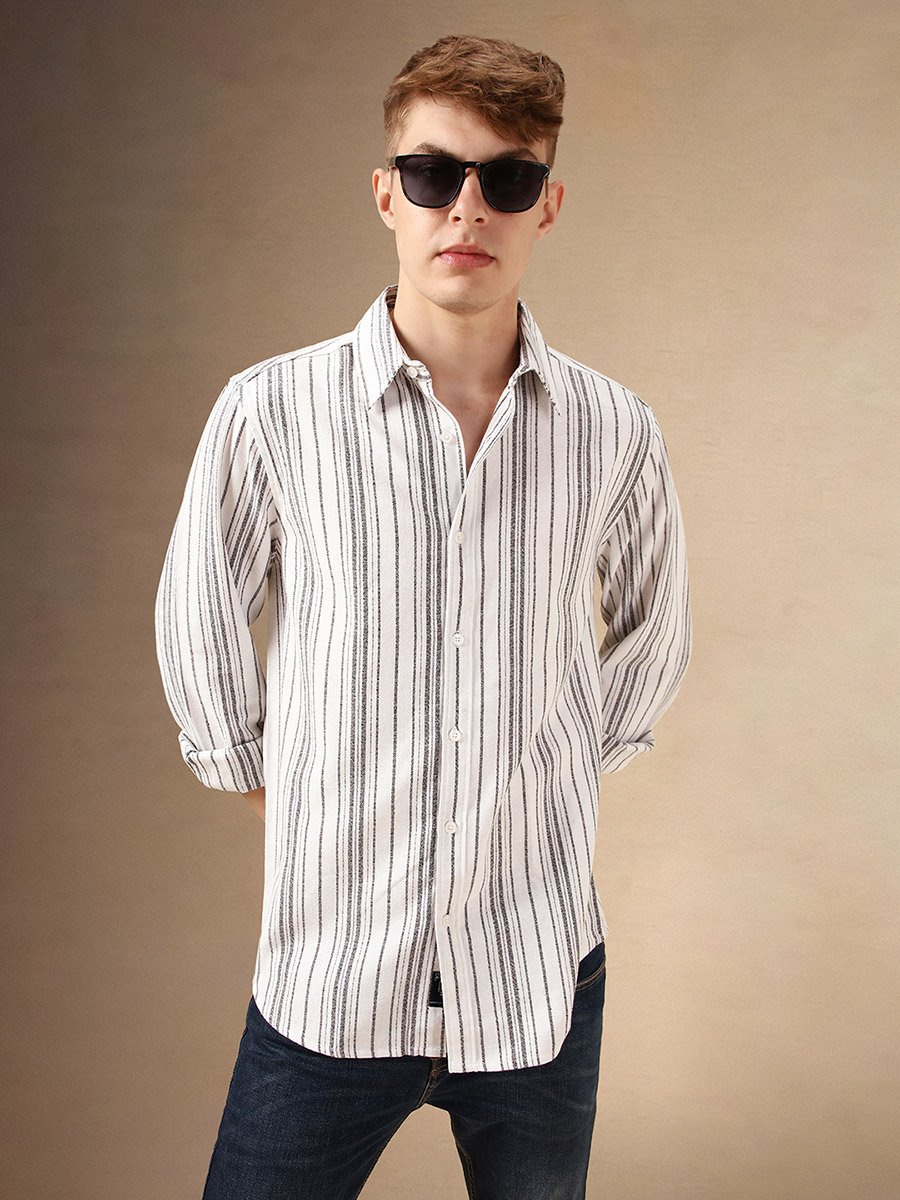 Striped Relaxed Fit Spread Collar Curved Hem Shirt