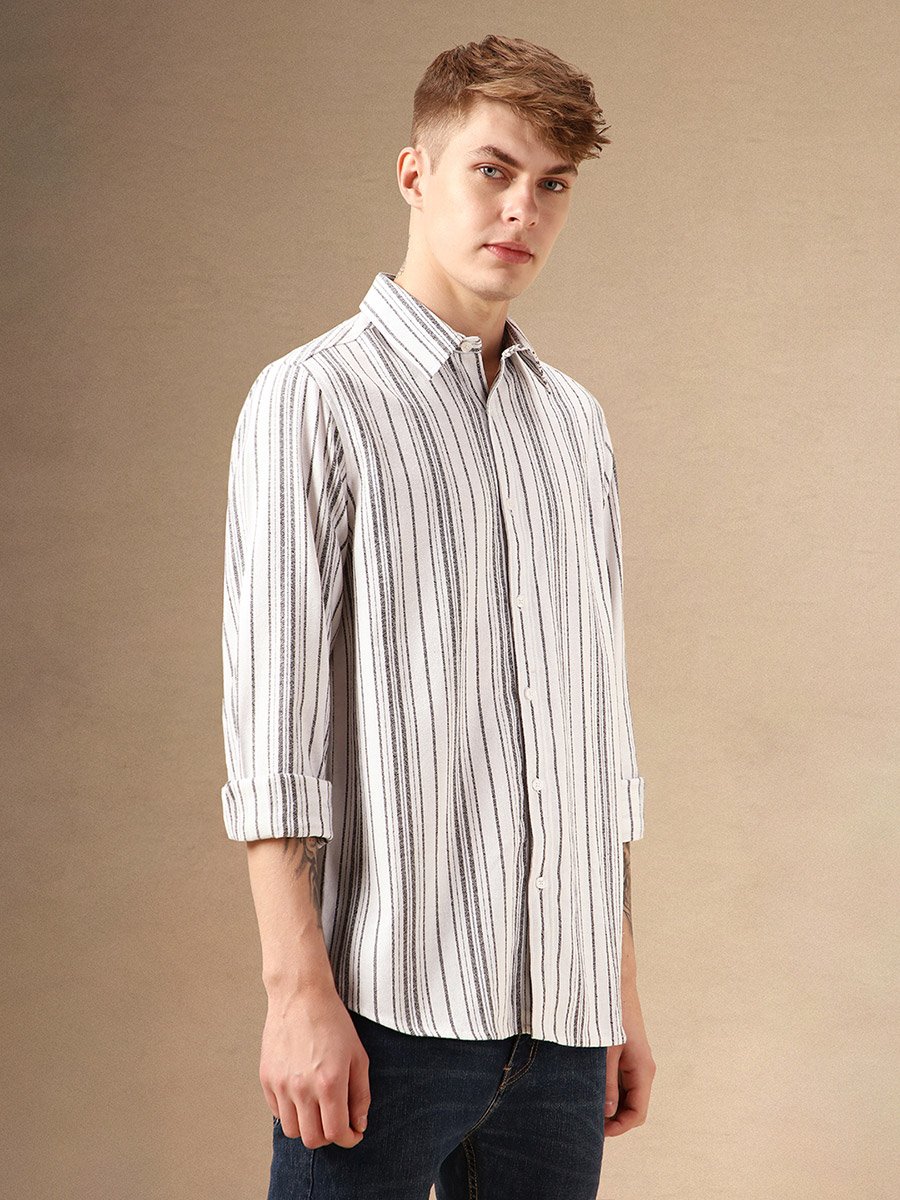 Striped Relaxed Fit Spread Collar Curved Hem Shirt
