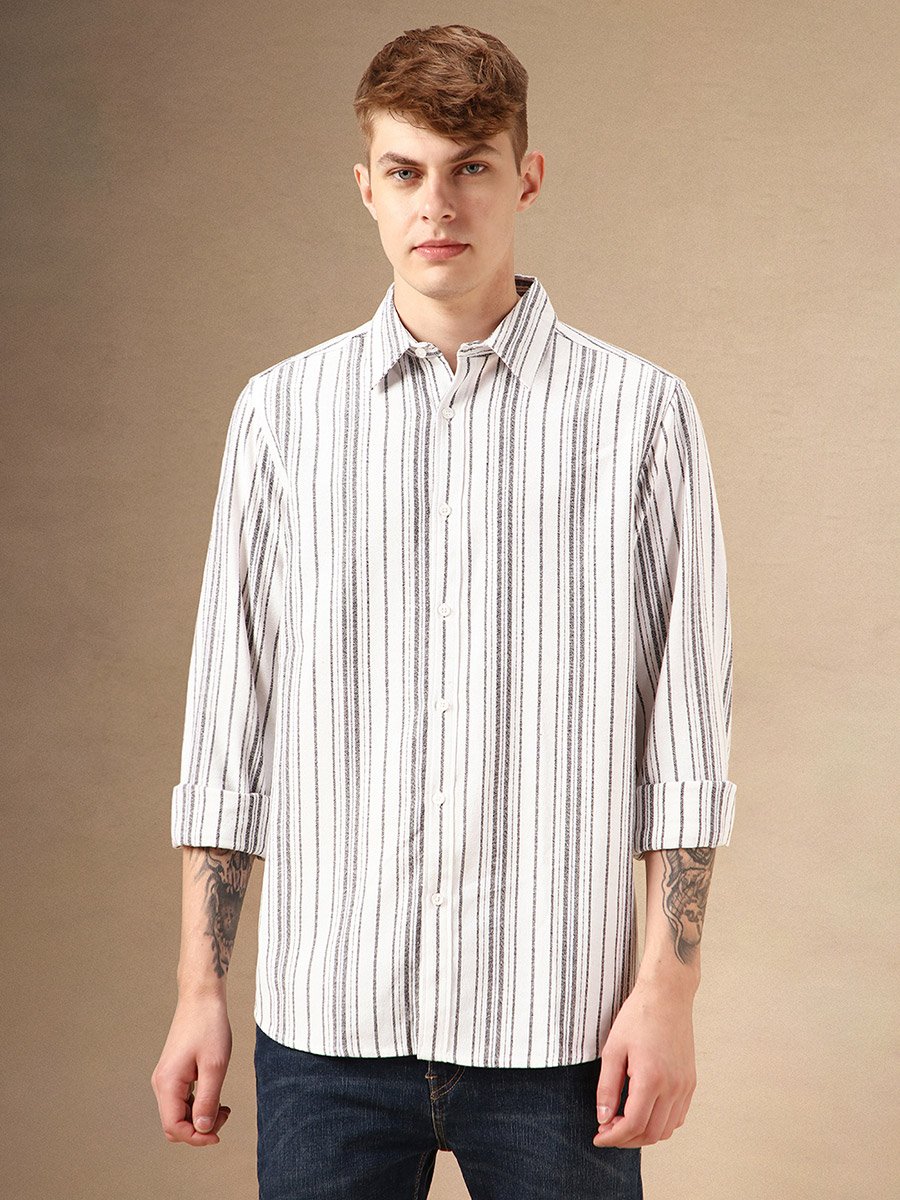 Striped Relaxed Fit Spread Collar Curved Hem Shirt