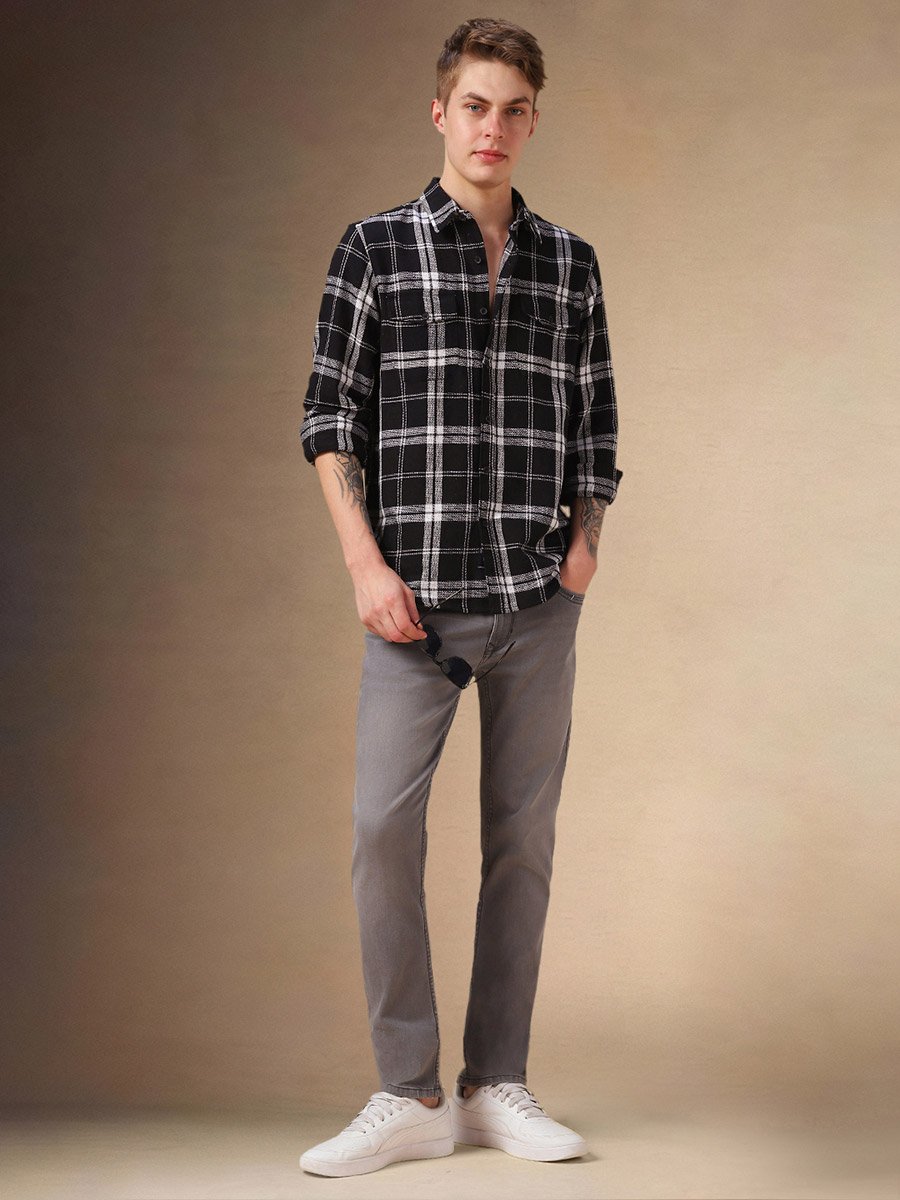 Checked Relaxed Fit Spread Collar Curved Hem Shirt