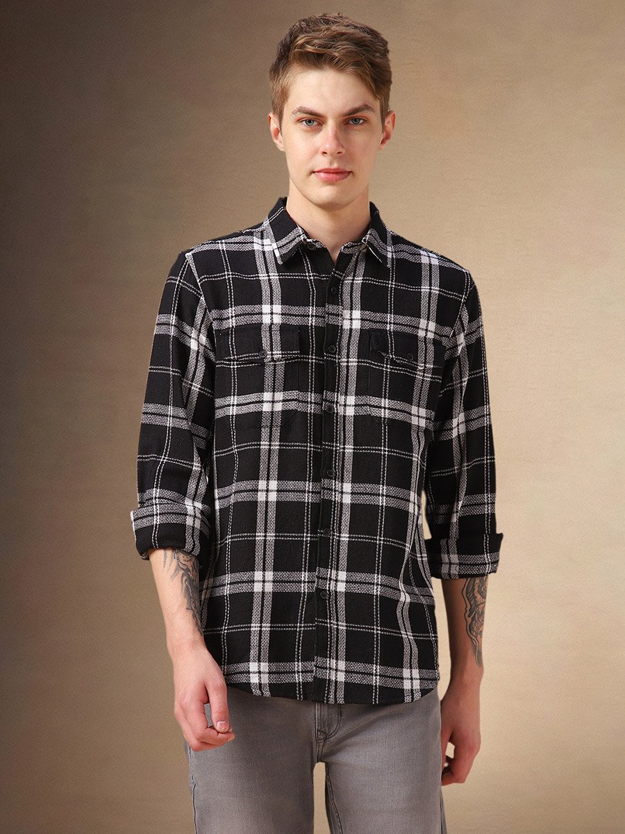 Checked Relaxed Fit Spread Collar Curved Hem Shirt