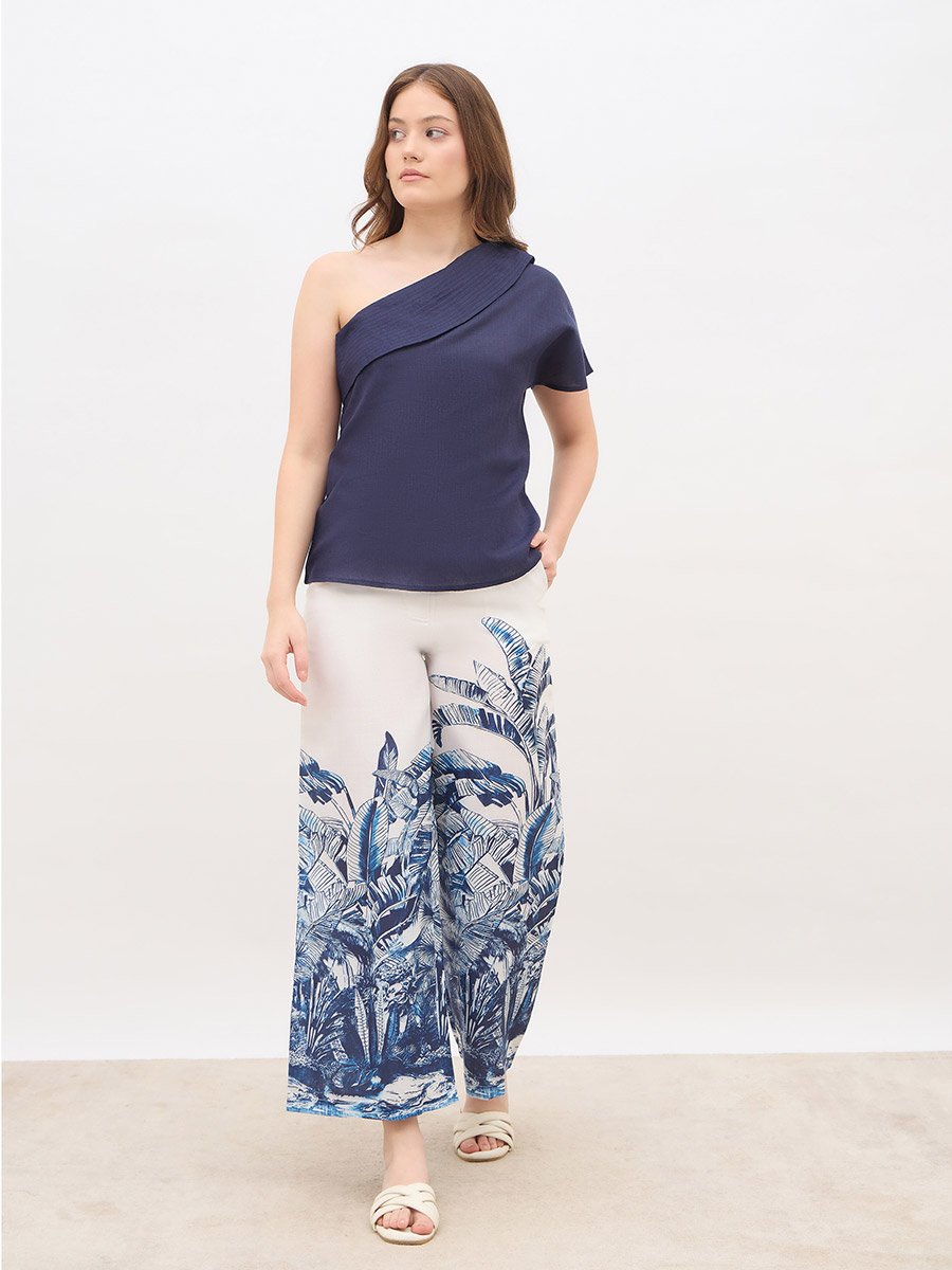 Solid One-Shoulder Top and Printed Wide Leg Pants Co-Ords