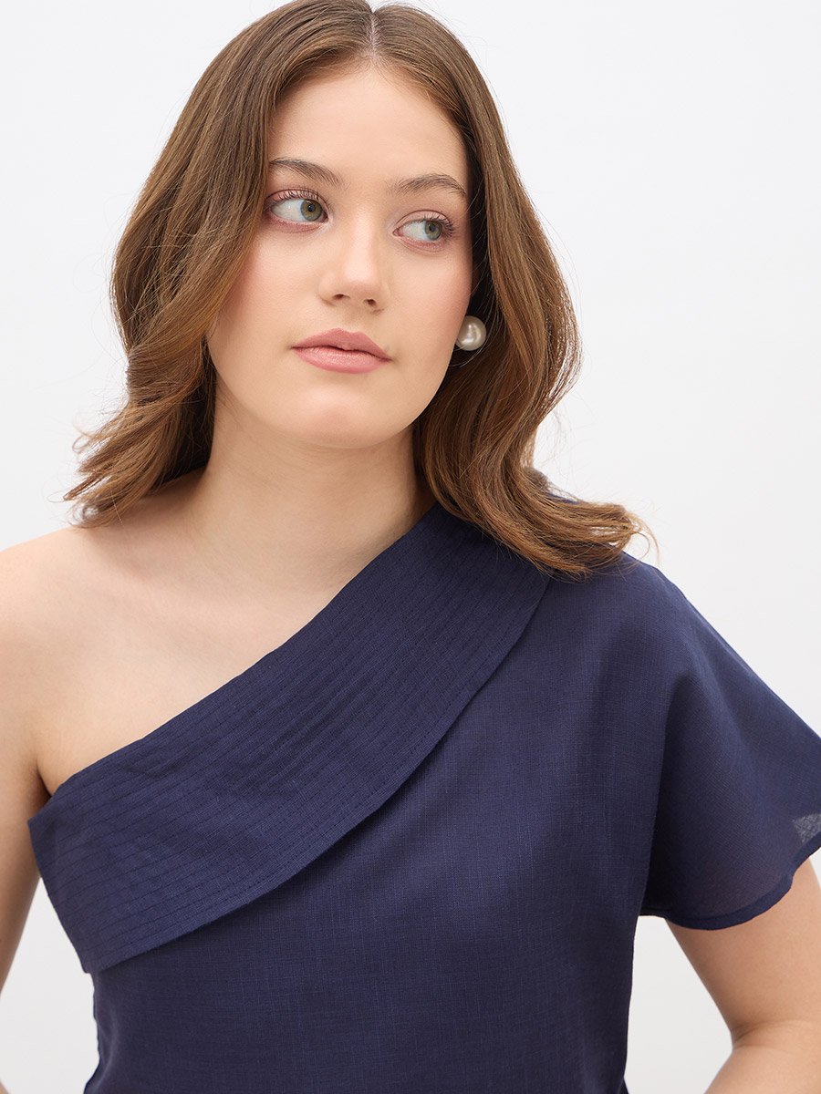 Solid One-Shoulder Top and Printed Wide Leg Pants Co-Ords