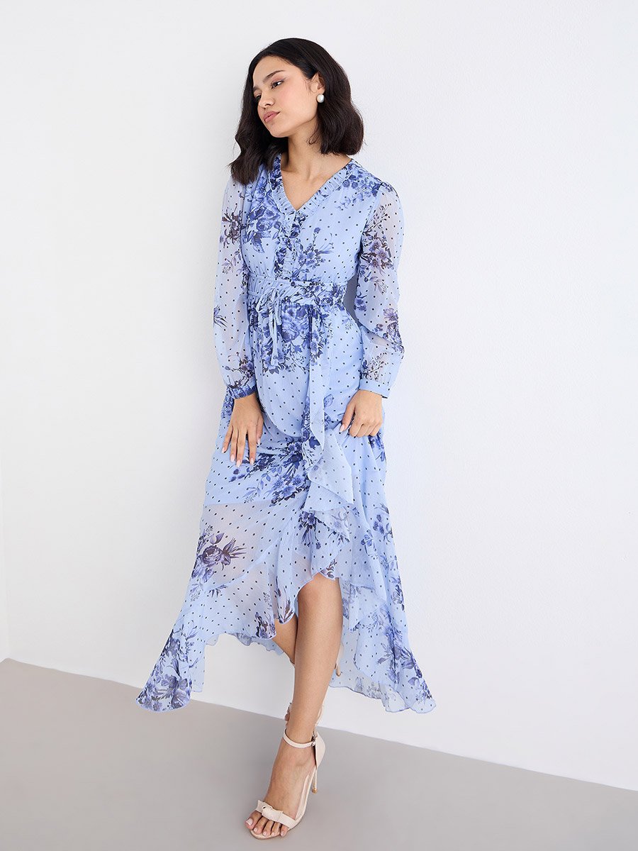 Light Blue Floral Maxi Dress with Ruffle Edge