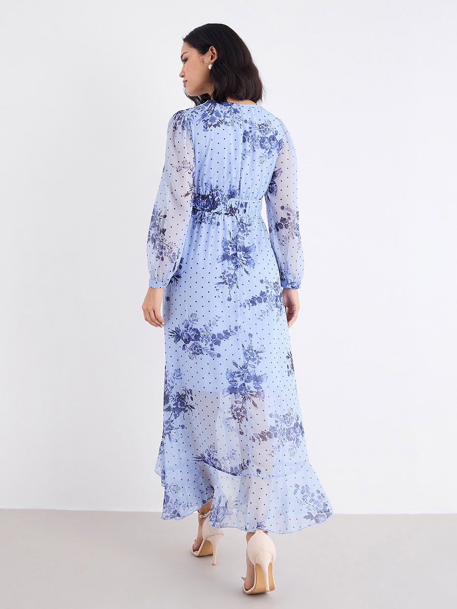 Light Blue Floral Maxi Dress with Ruffle Edge