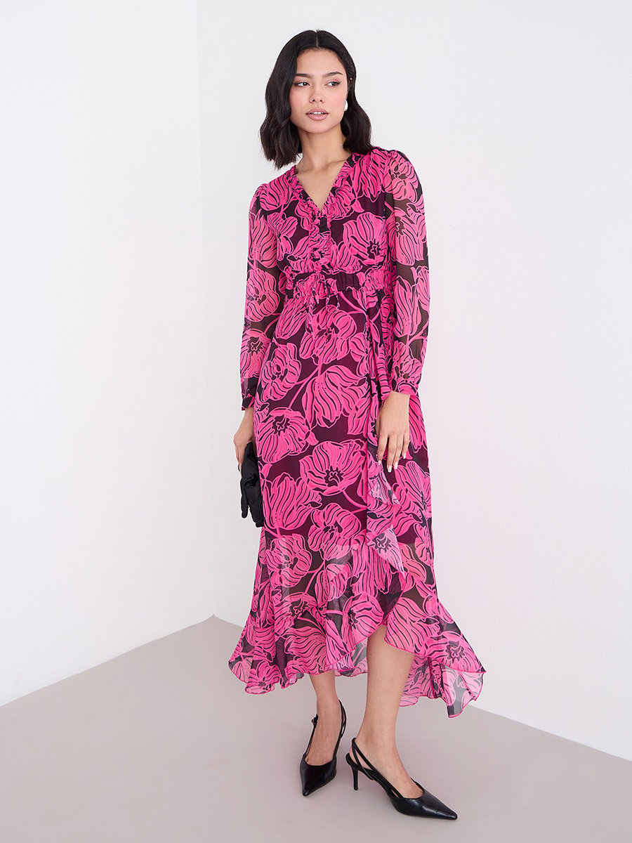 Dark Pink Floral Maxi Dress with Ruffle Edge