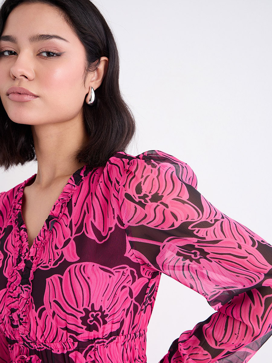 Dark Pink Floral Maxi Dress with Ruffle Edge