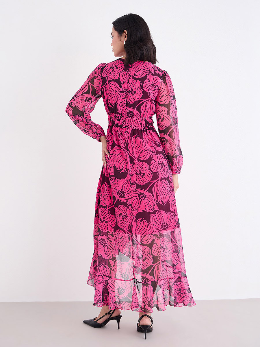Dark Pink Floral Maxi Dress with Ruffle Edge