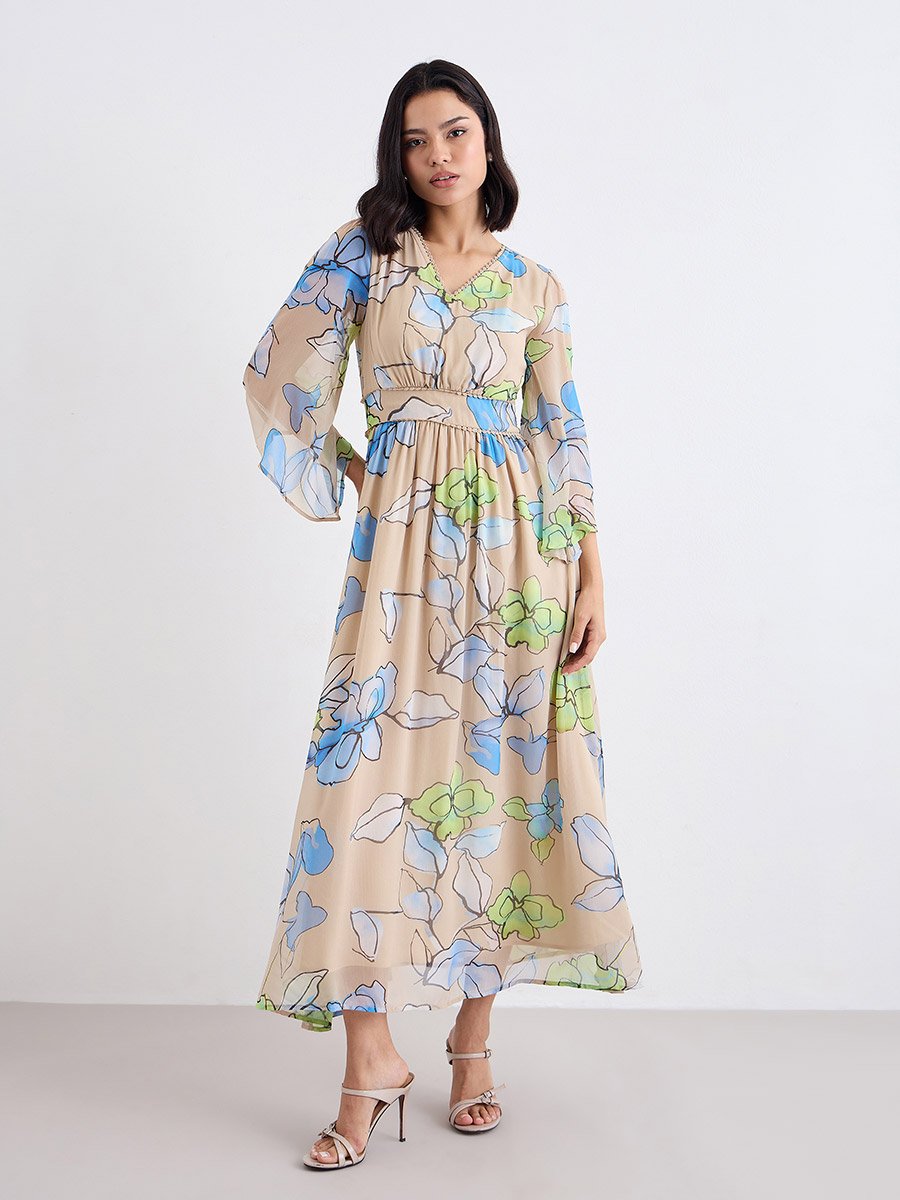 Multi Floral Maxi Dress with Volume Sleeves
