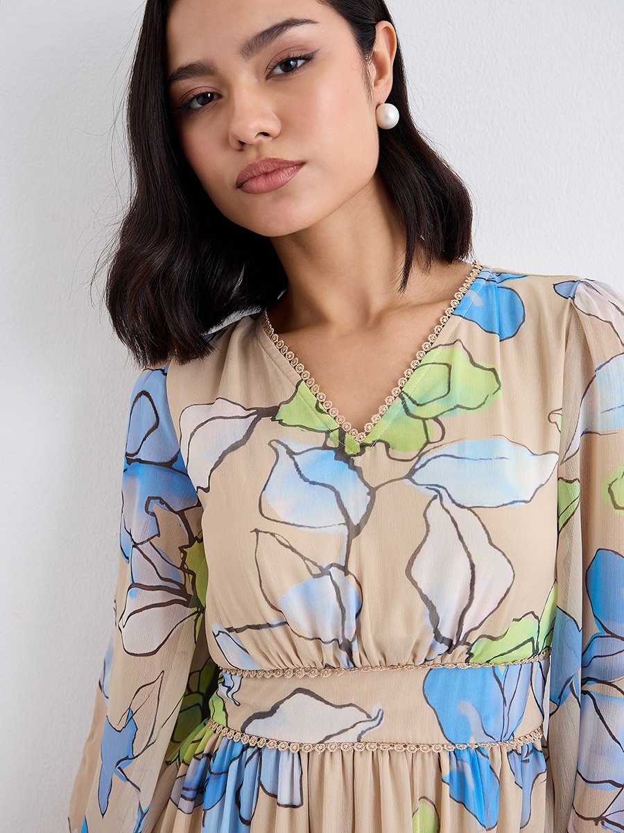 Multi Floral Maxi Dress with Volume Sleeves