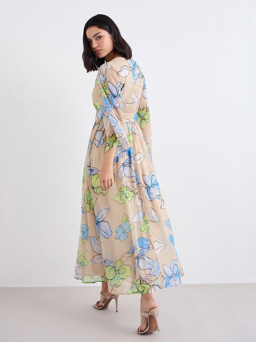Multi Floral Maxi Dress with Volume Sleeves