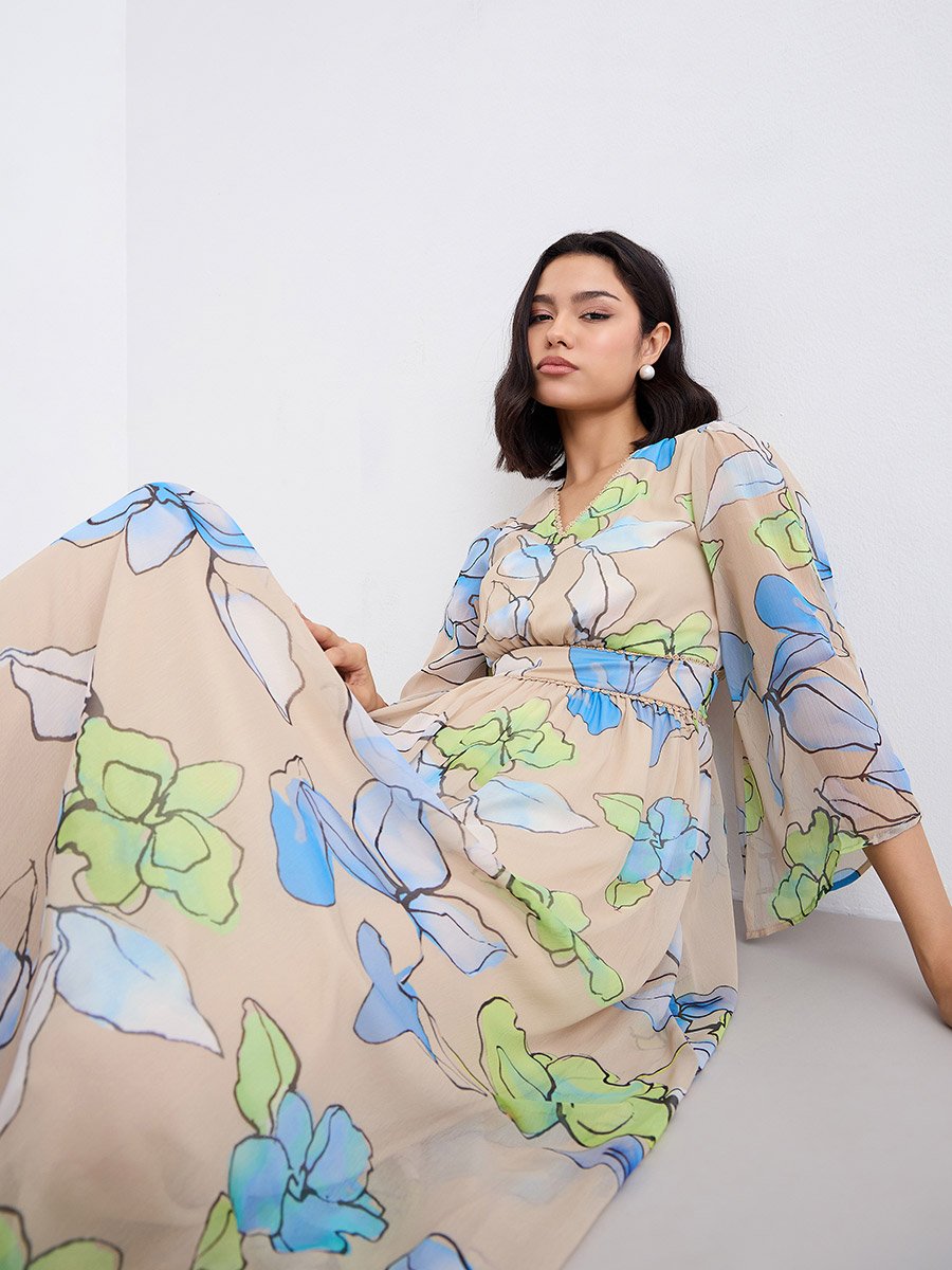 Multi Floral Maxi Dress with Volume Sleeves