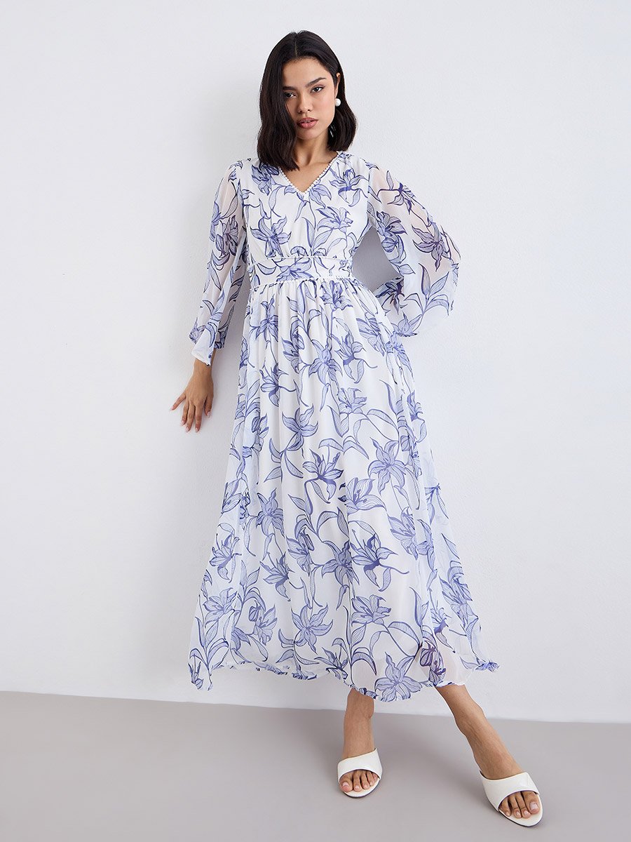 White Floral Maxi Dress with Volume Sleeves