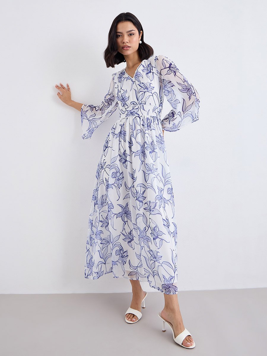 White Floral Maxi Dress with Volume Sleeves