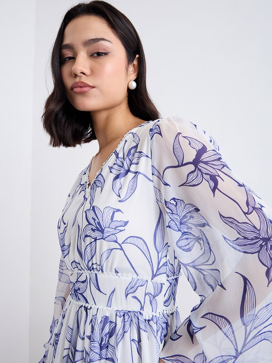 White Floral Maxi Dress with Volume Sleeves
