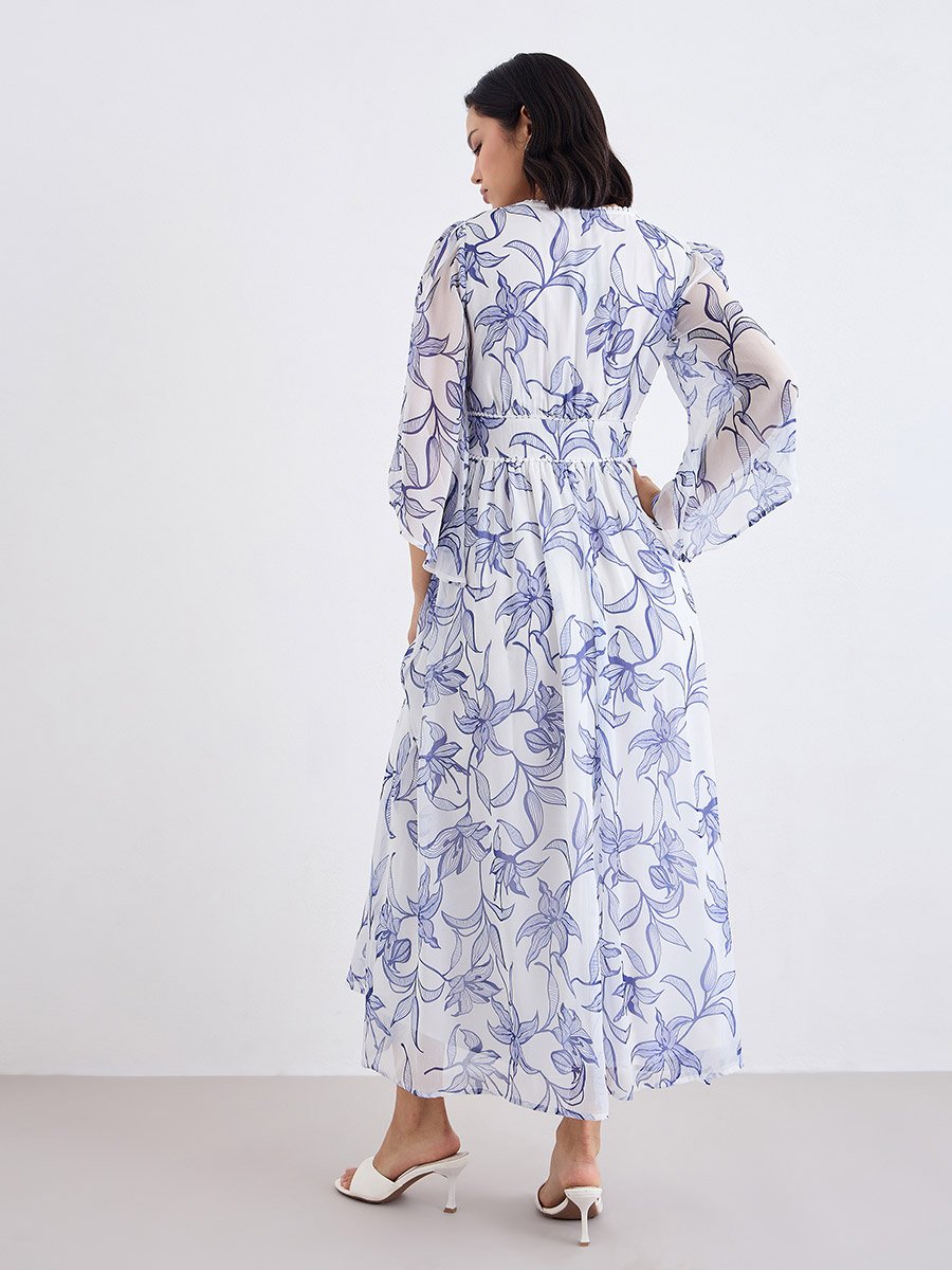 White Floral Maxi Dress with Volume Sleeves