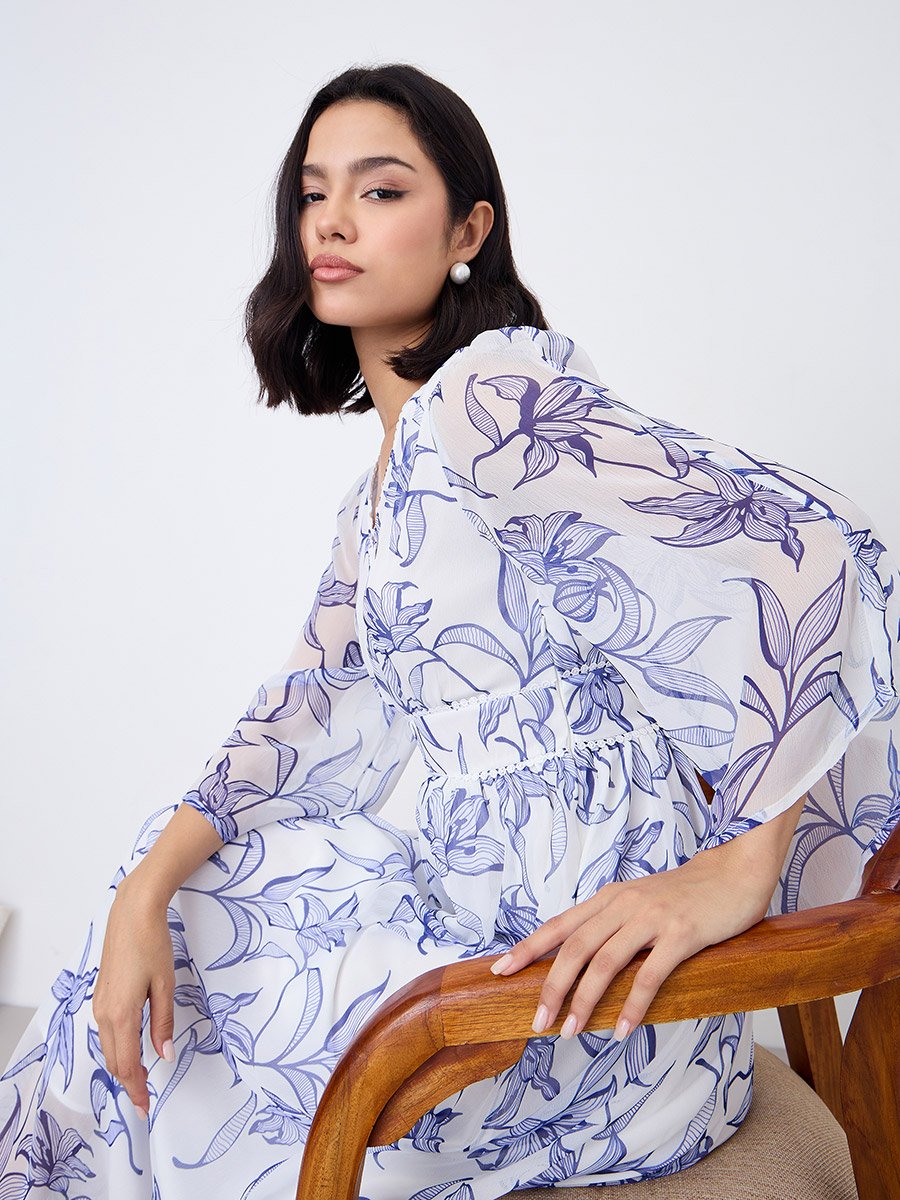 White Floral Maxi Dress with Volume Sleeves