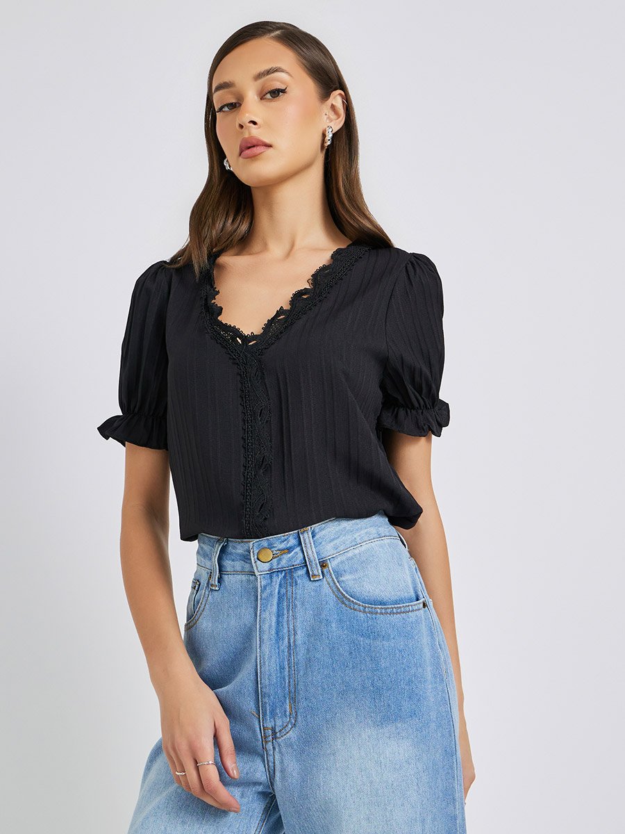 Black Solid V-Neck Lace Top