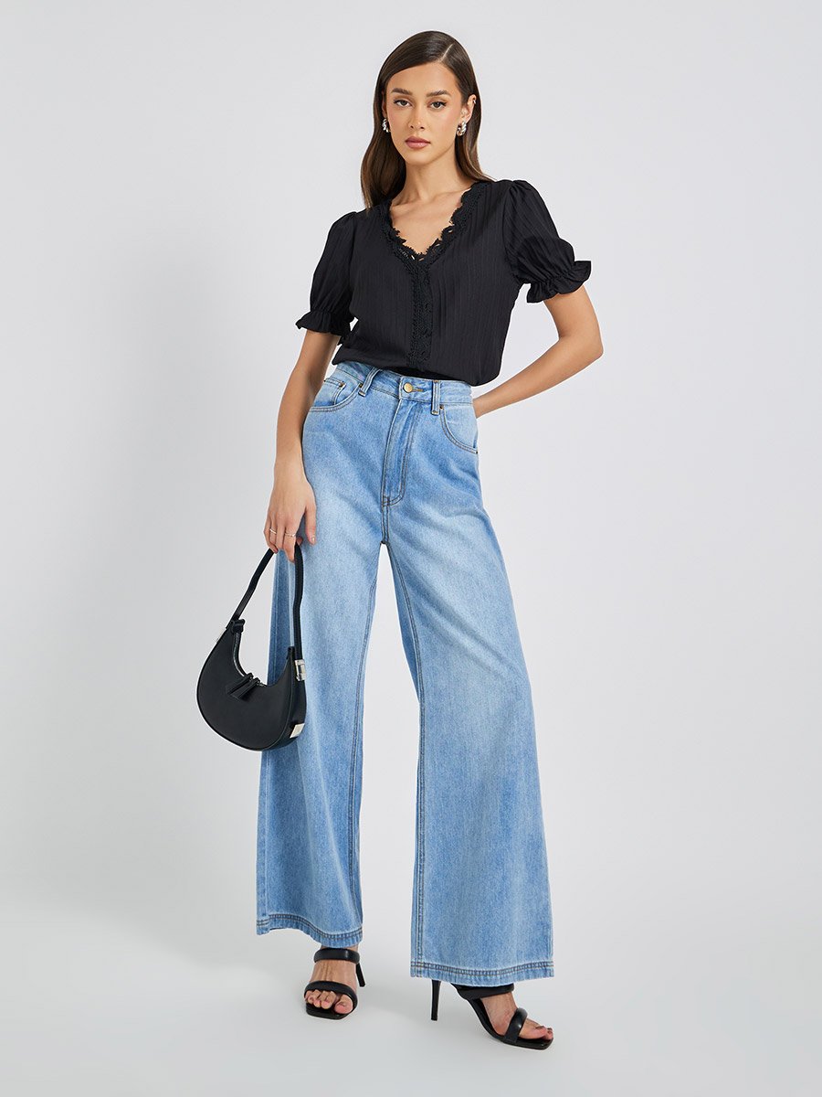 Black Solid V-Neck Lace Top