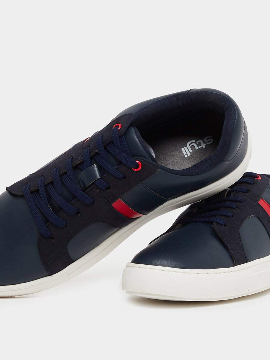 Color Block Low Top Lace-Up Sneakers with Twin Stripe Detail