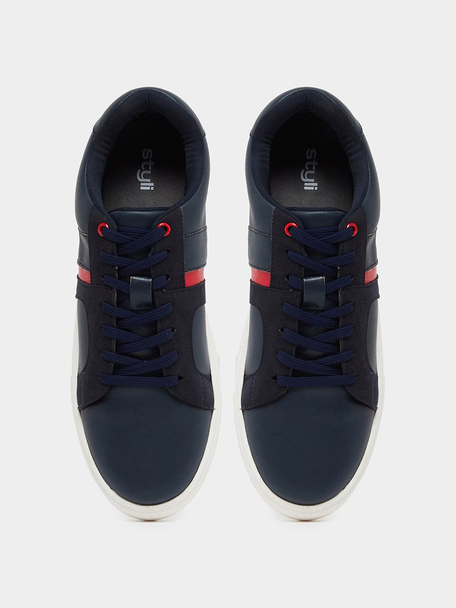 Color Block Low Top Lace-Up Sneakers with Twin Stripe Detail