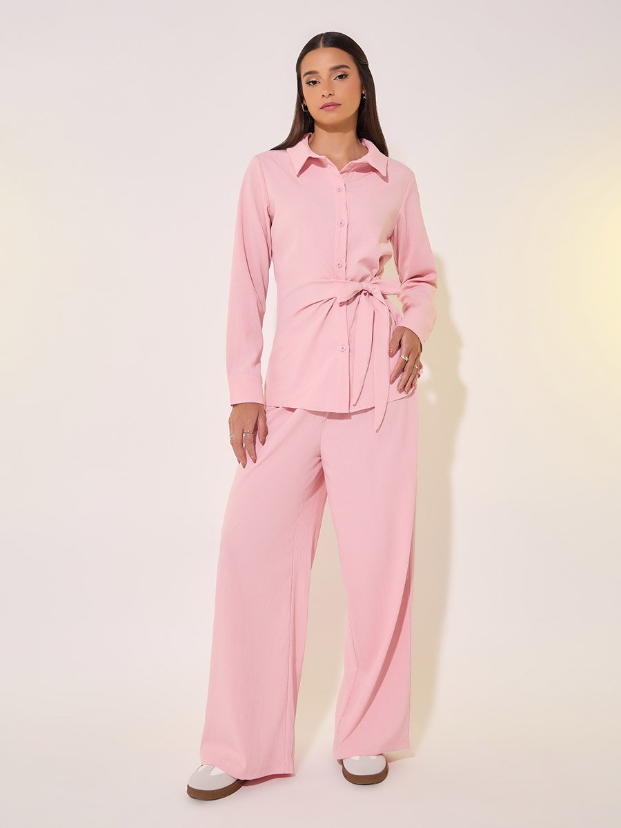 Solid Wrap Buttoned Top with Tie-Up and Pants Co-Ords