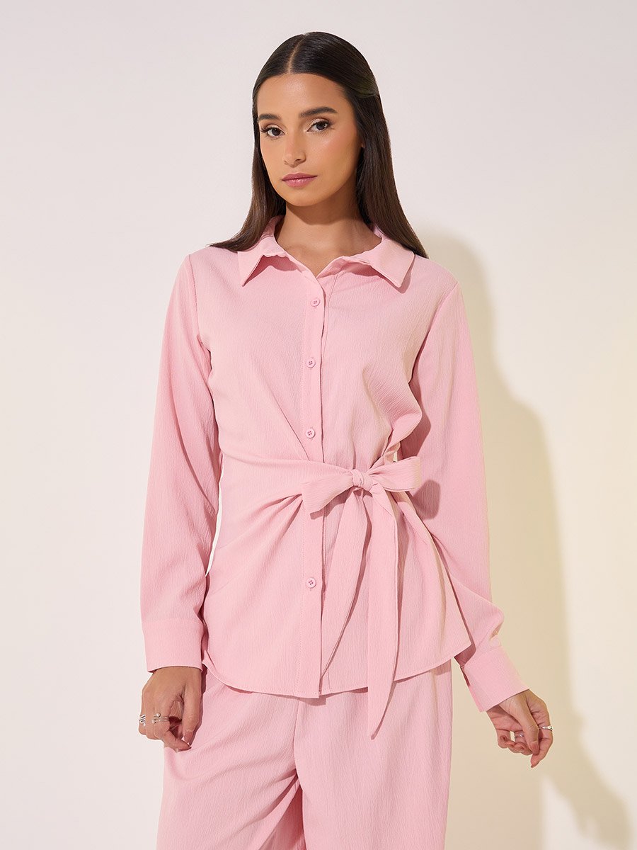 Solid Wrap Buttoned Top with Tie-Up and Pants Co-Ords