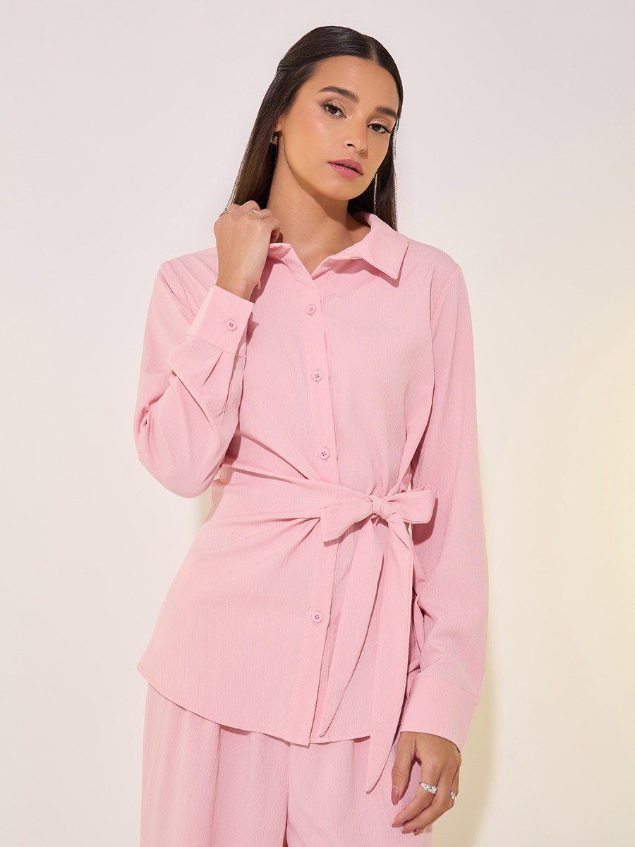 Solid Wrap Buttoned Top with Tie-Up and Pants Co-Ords