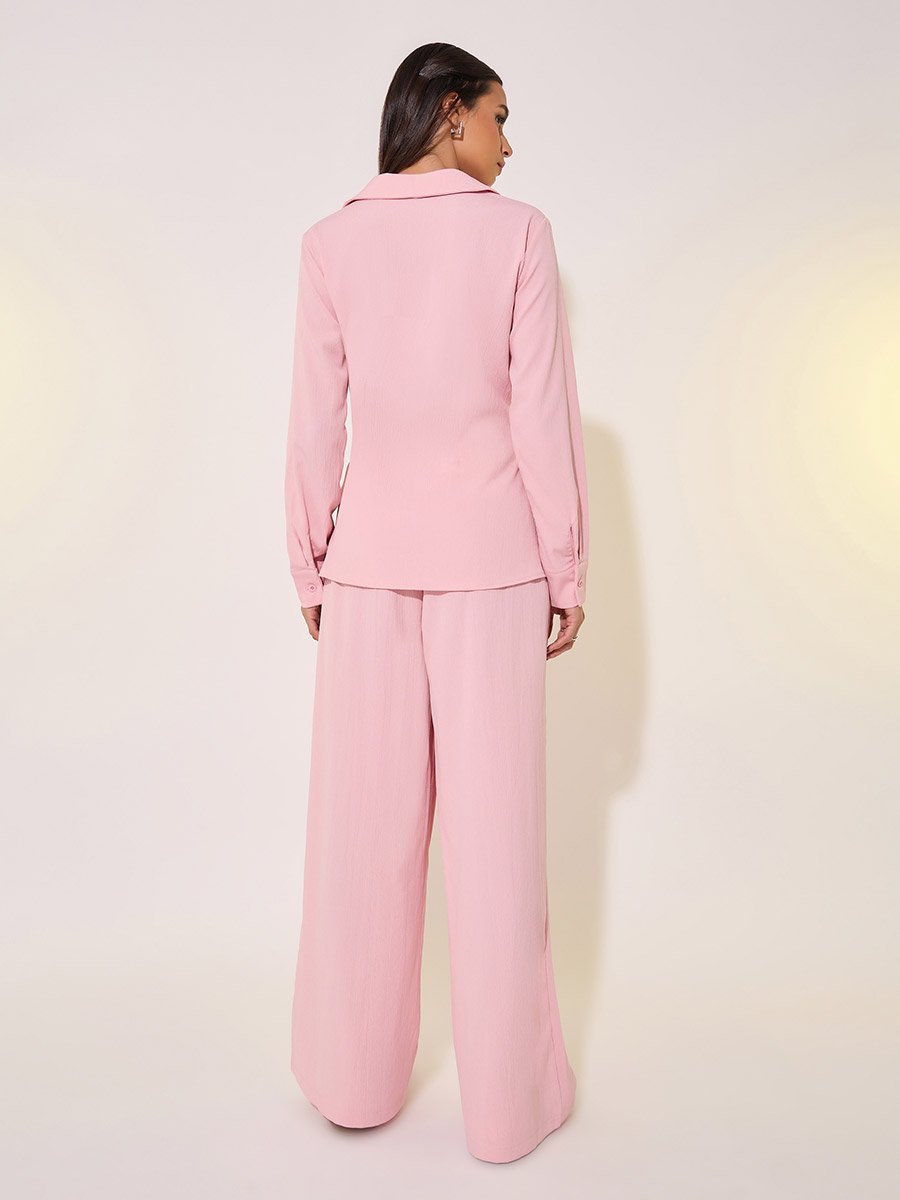 Solid Wrap Buttoned Top with Tie-Up and Pants Co-Ords