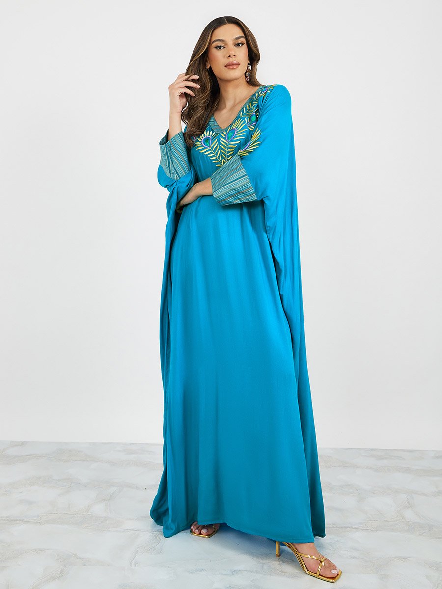 Embroidered Batwing Sleeve Jalabiya with V Neck