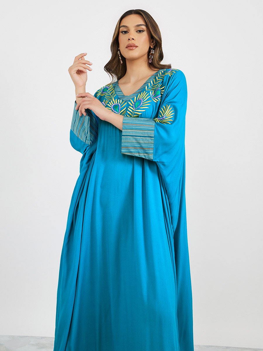 Embroidered Batwing Sleeve Jalabiya with V Neck