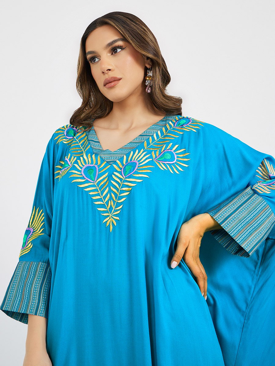 Embroidered Batwing Sleeve Jalabiya with V Neck